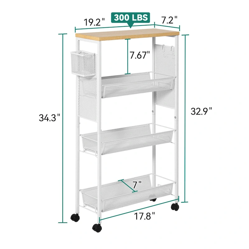 Kleio Wood Rolling Kitchen Cart with Wooden Tabletop and Mesh Baskets