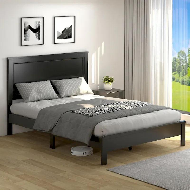 Black / Brown / Walnut Platform Bed Frame with High Headboard - Fits 2 People