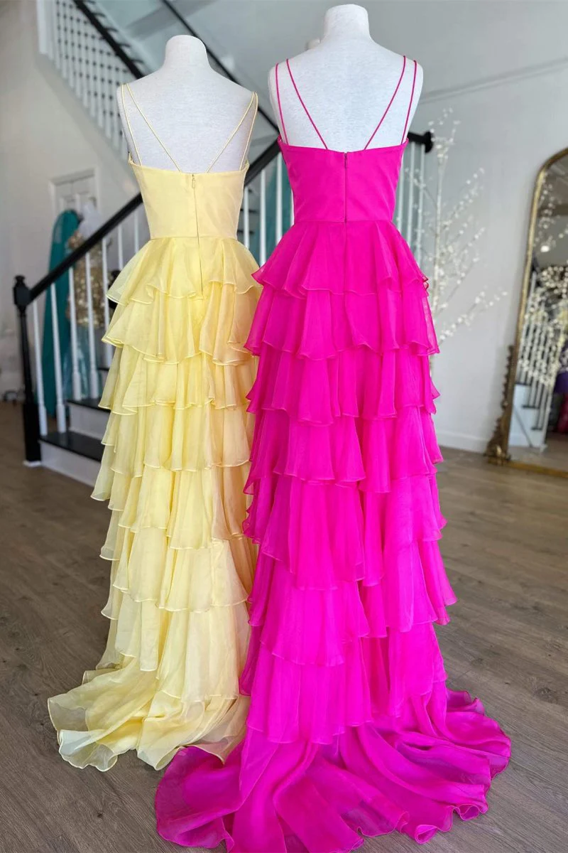 V-Neck Straps Ruffle Chiffon Prom Dress with Slit