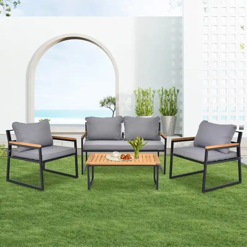 4 Piece Outdoor Patio Lounge Conversation Set Metal Frame with Acacia Wood - N/A