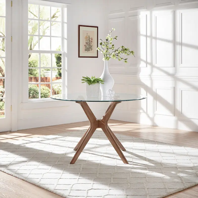 Mid-Century Round Dining Table, Walnut Finish, Solid Wood Legs, Seats 4, Modern Style