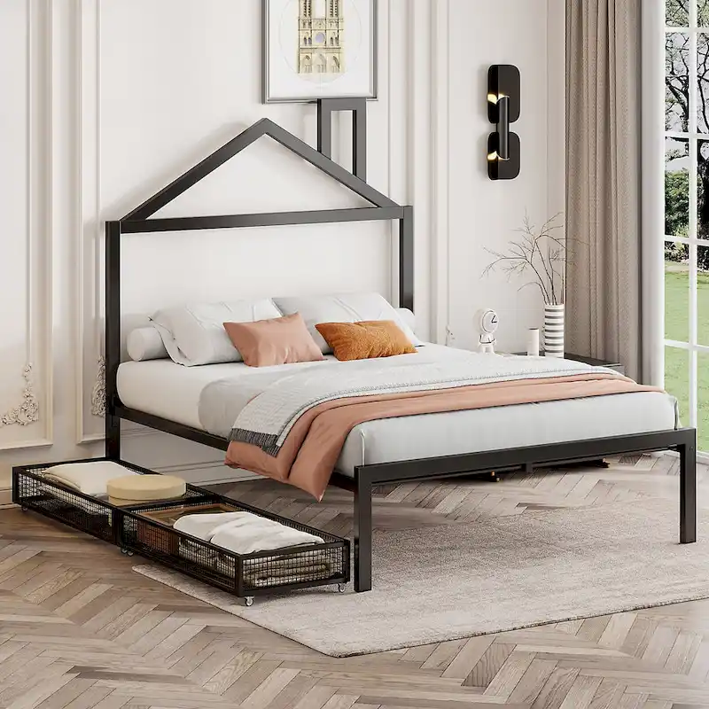 Black Full Size Metal Platform Bed with House Headboard & 2 Drawers, for 1 Person