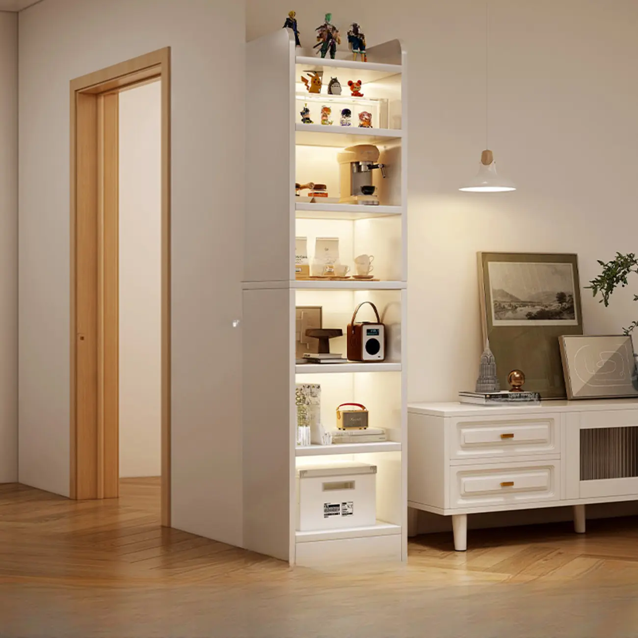 Tall Gray 4-Tier Open Back Wood Bookshelf with Drawer