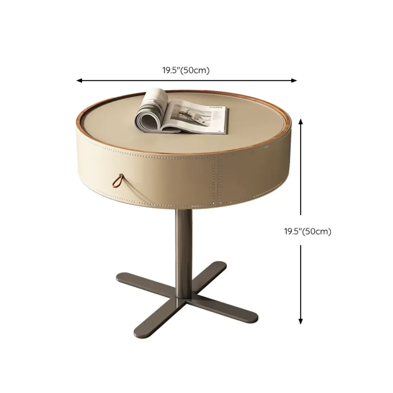 Modern Beige Faux Leather Round Metal Cross Drawer Nightstand