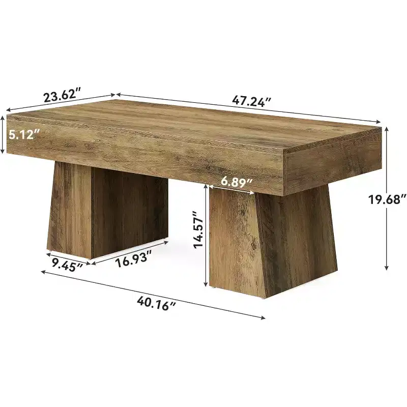 Lantine 47-Inch Farmhouse Coffee Table, Wooden Rectangular Accent Center Table with Thick Base for Living Room, Rustic Brown