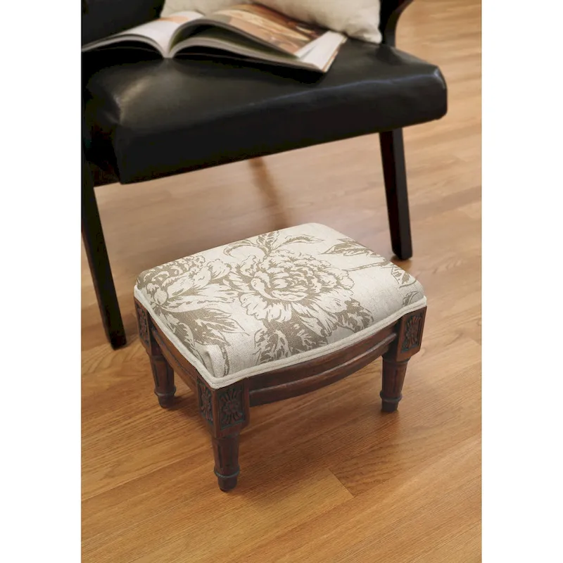 Taupe Floral Printed Linen Footstool, Wood Finish, 1-Seat