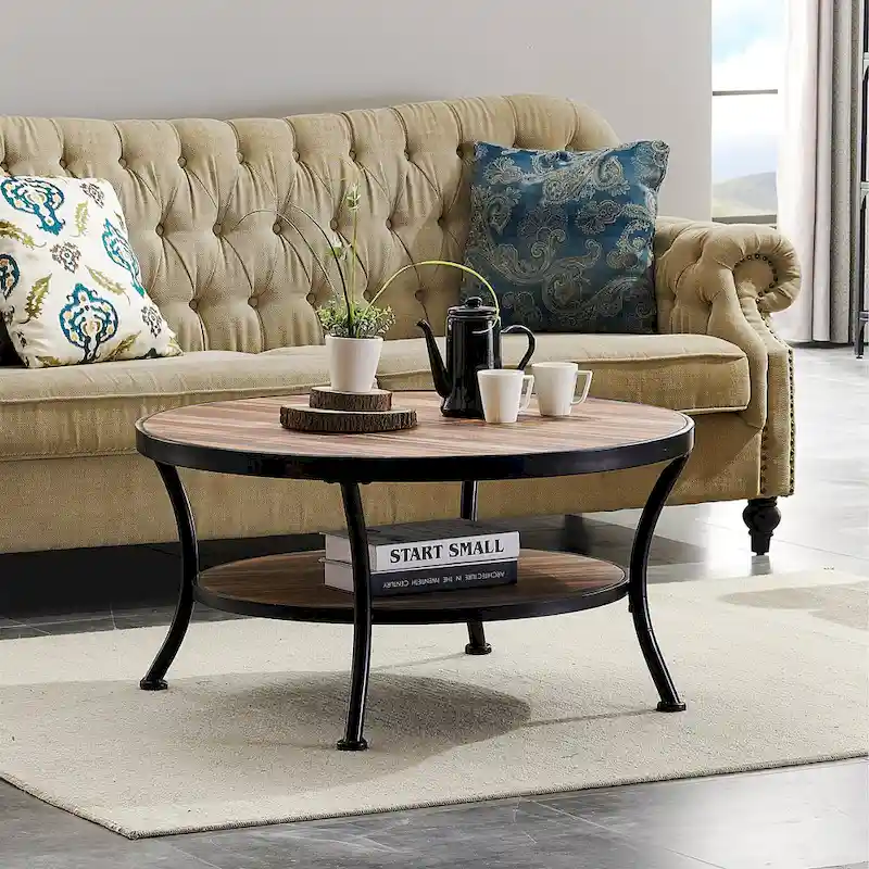Brown/Grey Industrial Round 2-Tier Coffee Table with Metal Base