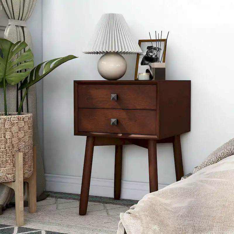 Mid-Century Modern Wood 2-Drawer Compact Nightstand Side Table
