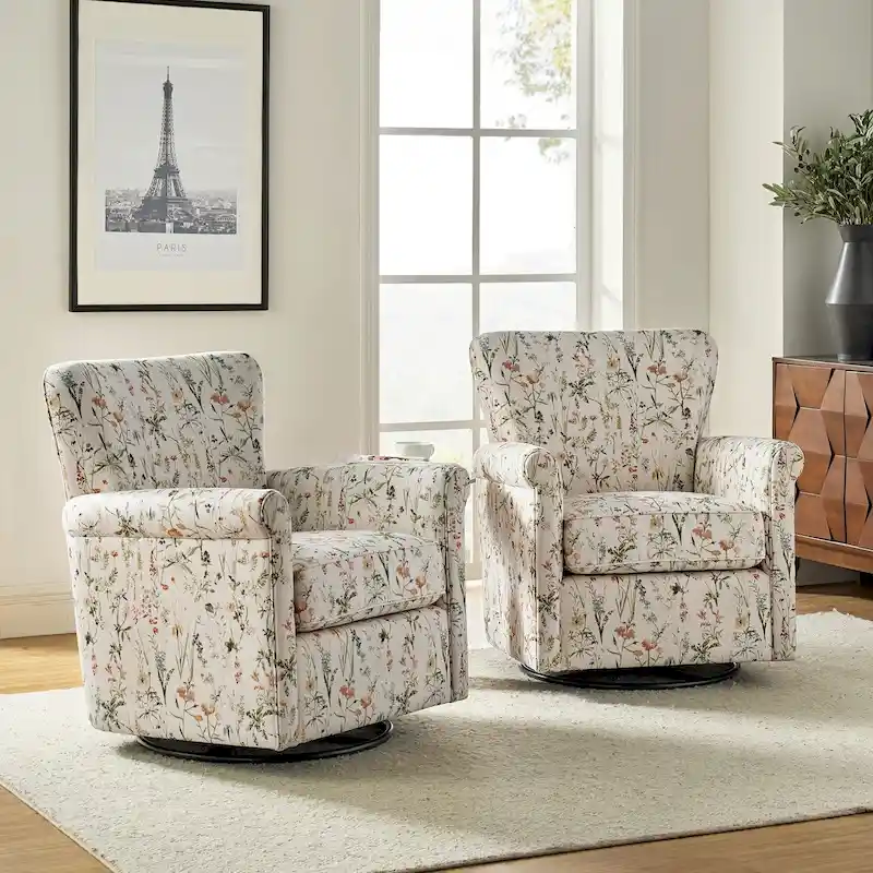 Floral Fabric Swivel Rocker Chair with Rolled Armrest, Set of 2 – Multiple Colors