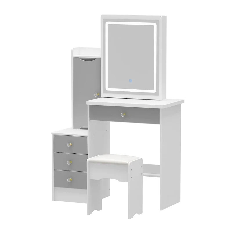 White/Grey & Black Lighted Vanity Desk Set with Mirror & Stool, Single User