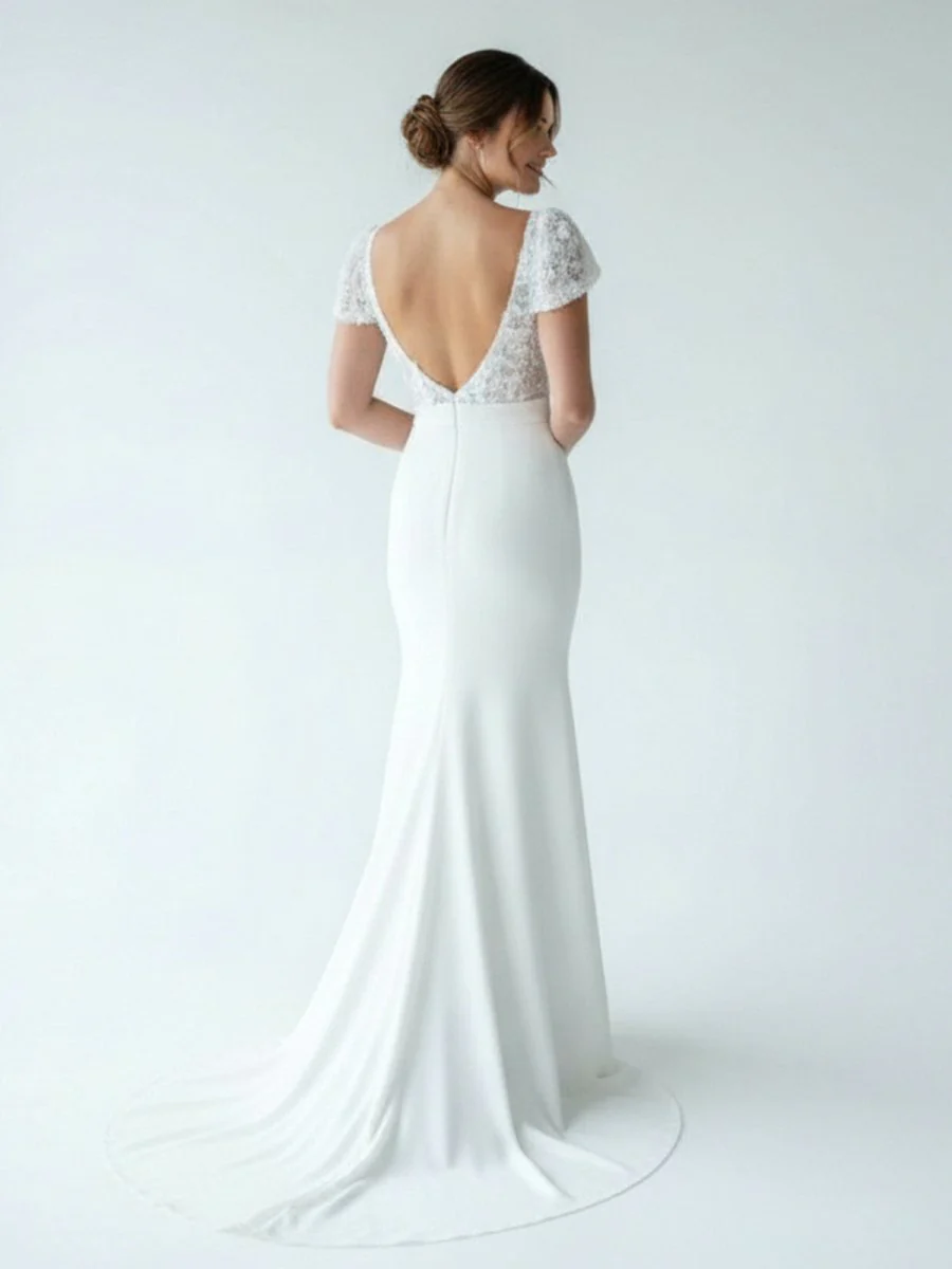 White Floral Applique Plunge V Long Wedding Dress with Short Sleeves