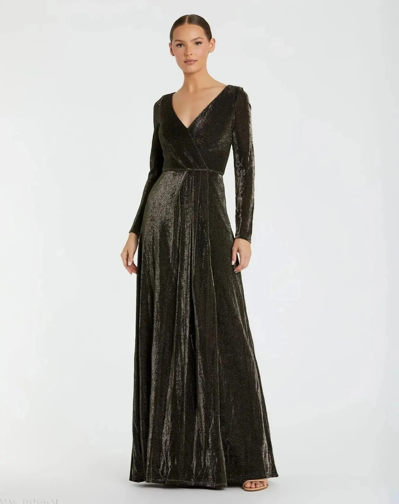 Long Sleeve Faux Wrap A Line Gown