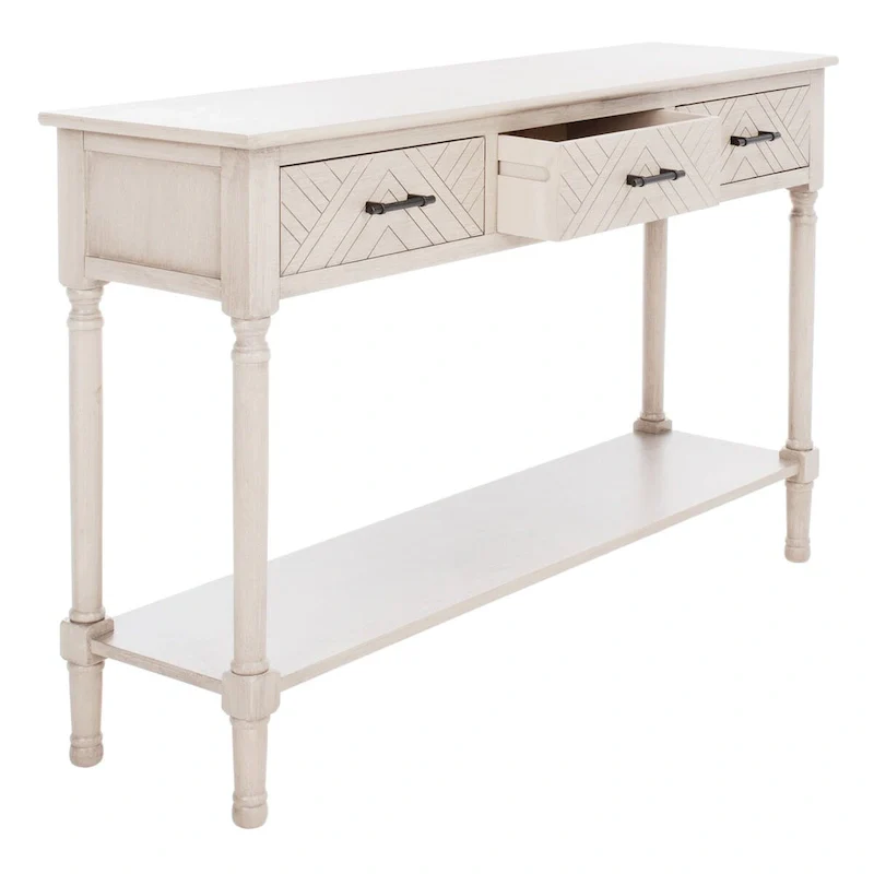 3-Drawer Console Table with Herringbone Pattern and Bottom Shelf