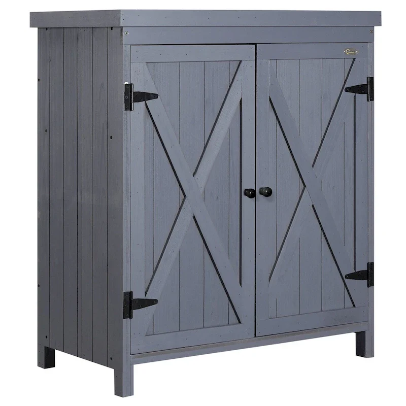 Garden Storage Cabinet, Outdoor Tool Shed with Galvanized Top and Two Shelves for Yard Tools or Pool Accessories