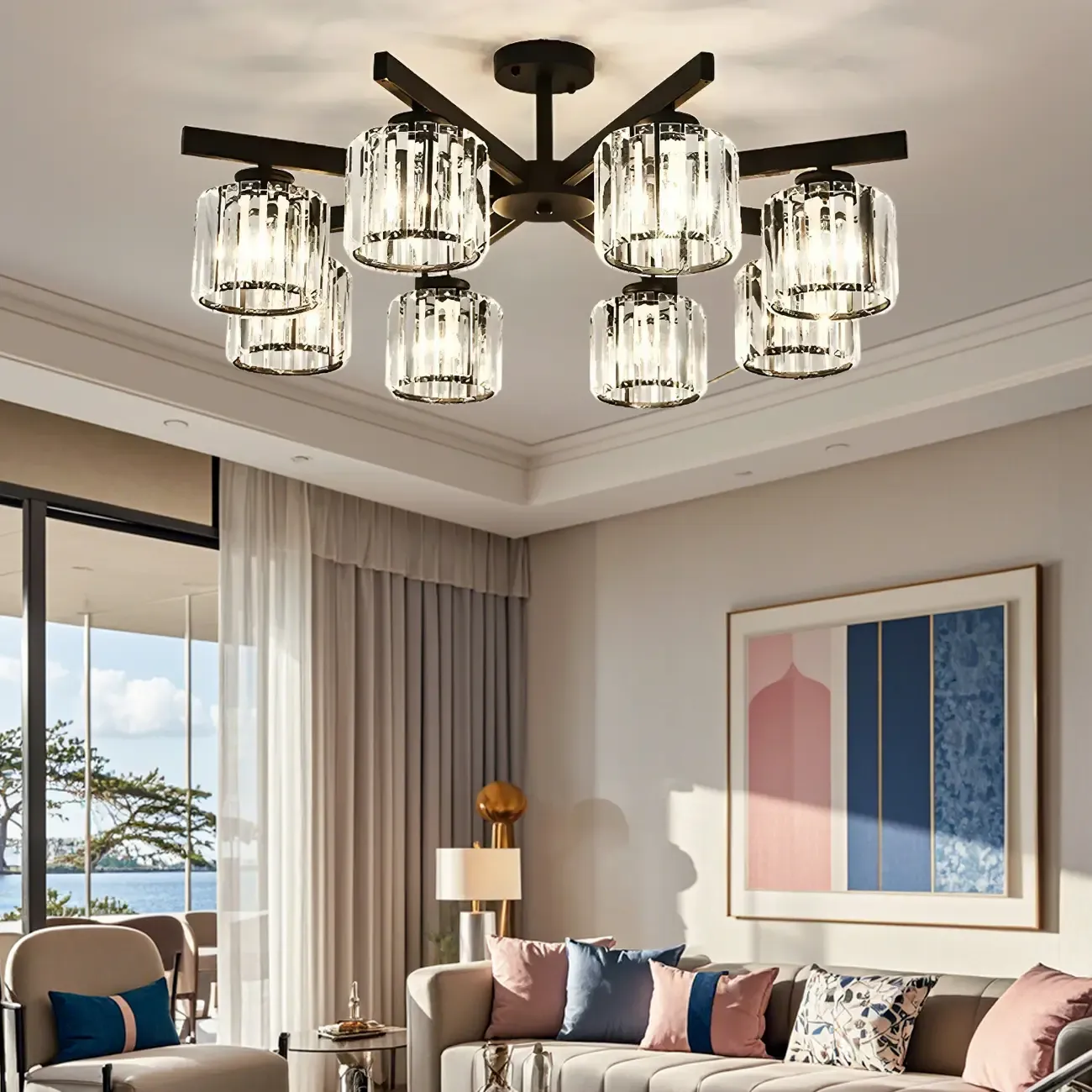 Modern Large Black Cylinder Crystal Semi Flush Ceiling Light