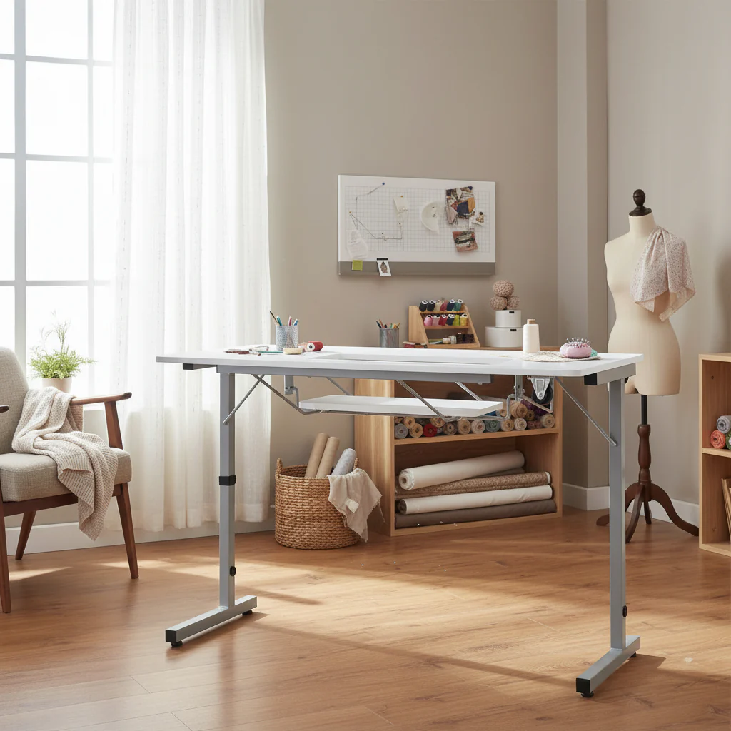 Sewing Table Silver/White Portable Folding Rolling