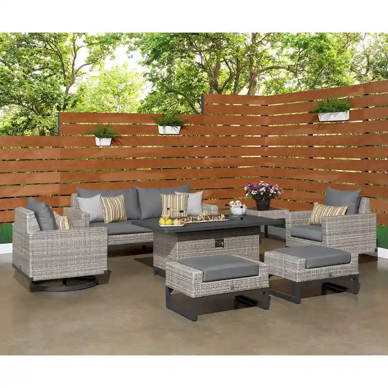 Milo Gray 7 Piece Sunbrella Outdoor Patio Motion Fire Set
