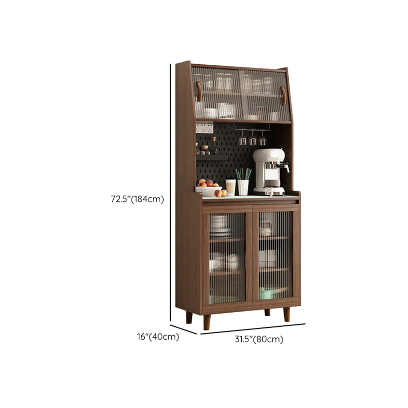 Wide Brown Wooden Pegboard Back Sideboard with Hutch