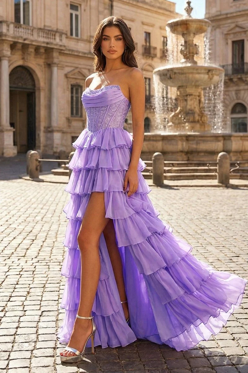 Lilac - A Line Strapless Chiffon Beaded Corset Long Prom Dress With Slit