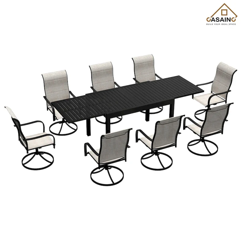 9 Piece Metal Frame Patio Dining Set, Aluminum Extendable Dining Table