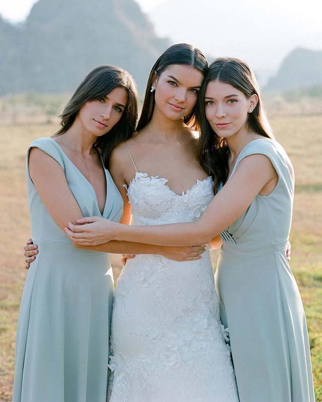 Simple A Line  Chiffon V Neck Blue Sleeveless Long Bridesmaid Dresses