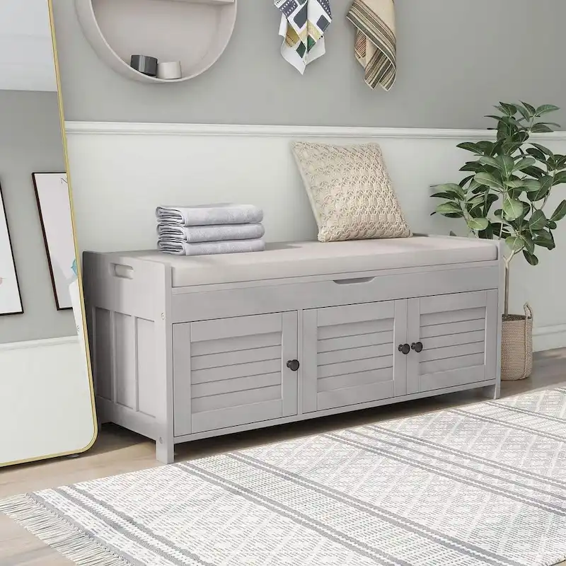 White / Gray Wash / Antique Navy / Espresso – 3-Door Farmhouse Shoe Bench, Seats 2