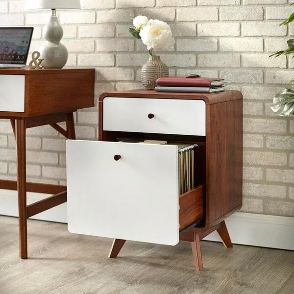 Walnut/White Mid-Century 2-Drawer File Cabinet