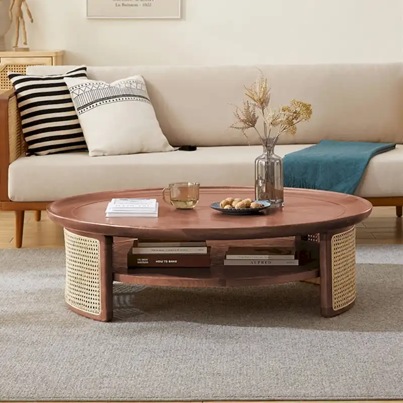 2-Tiered Round Wood Coffee Table with Rattan Base