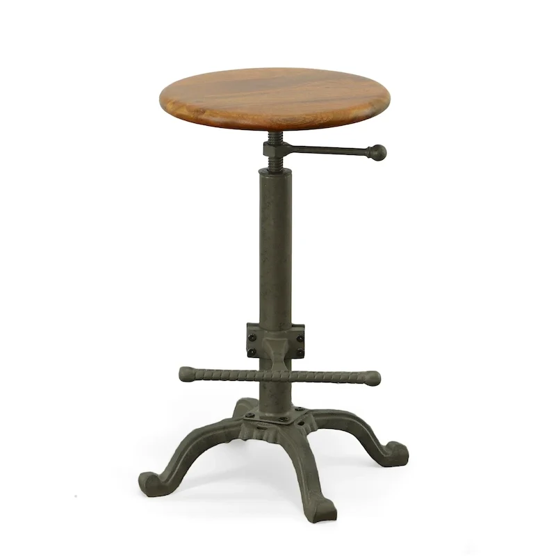 Adjustable Height Stool - Wood Seat with Cast Iron Base (Chestnut)
