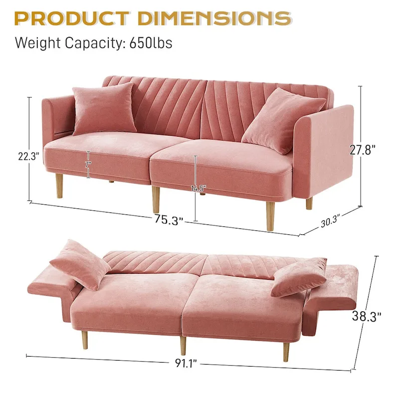 Ouyessir Upholstered Tufted Convertible Futon Sofa Bed with Foldable Armrest