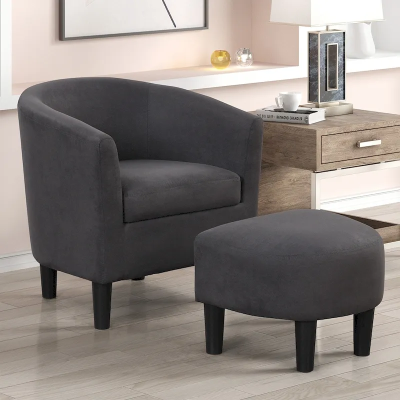 Classic Barrel Accent Chair Upholstered in Soft Polyester Fabric Footrest included