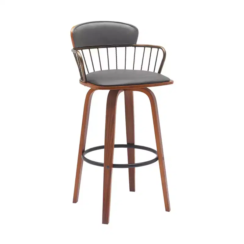HomeRoots 30 Gray And Wood Brown Faux Leather Swivel Low Back Bar Height Bar Chair