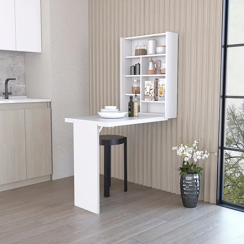 Gray / White Wall-Mounted Foldable Table with 7 Shelves – 1 Person