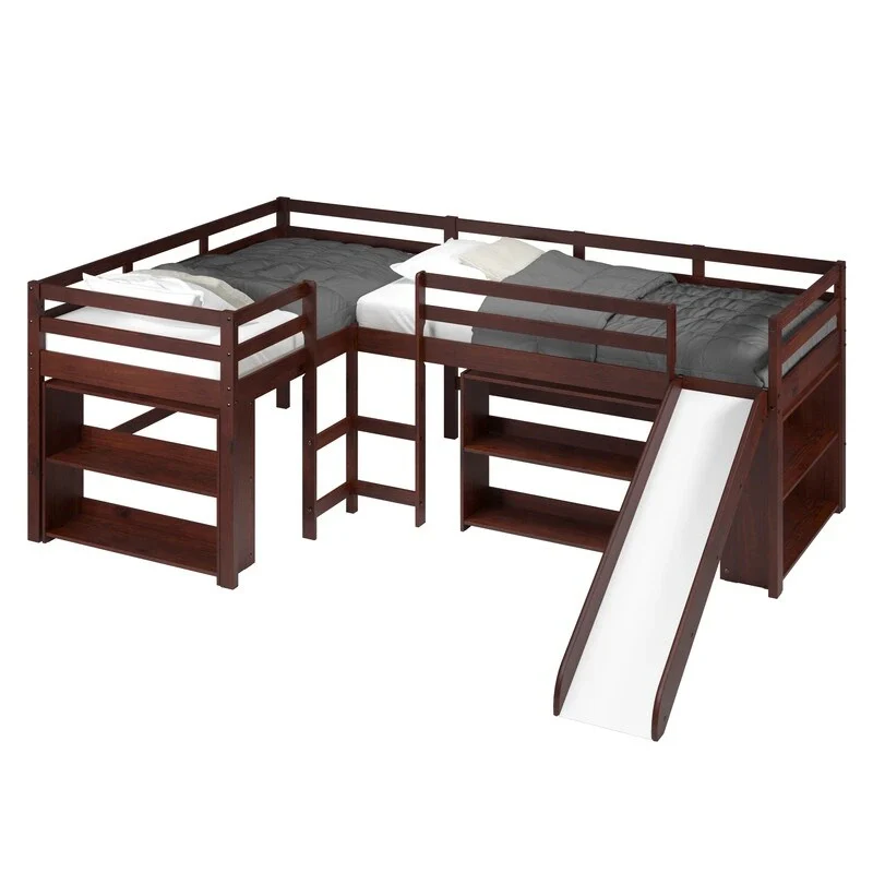 Double Twin L-Shaped Slide Loft Bedroom Set in Dark Cappuccino