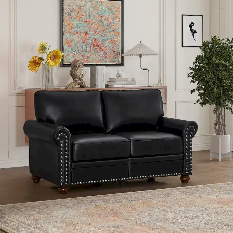 Black Faux Leather Loveseat with Silver Nail Trim, Under-Seat Storage & 6 Legs, 2-Person