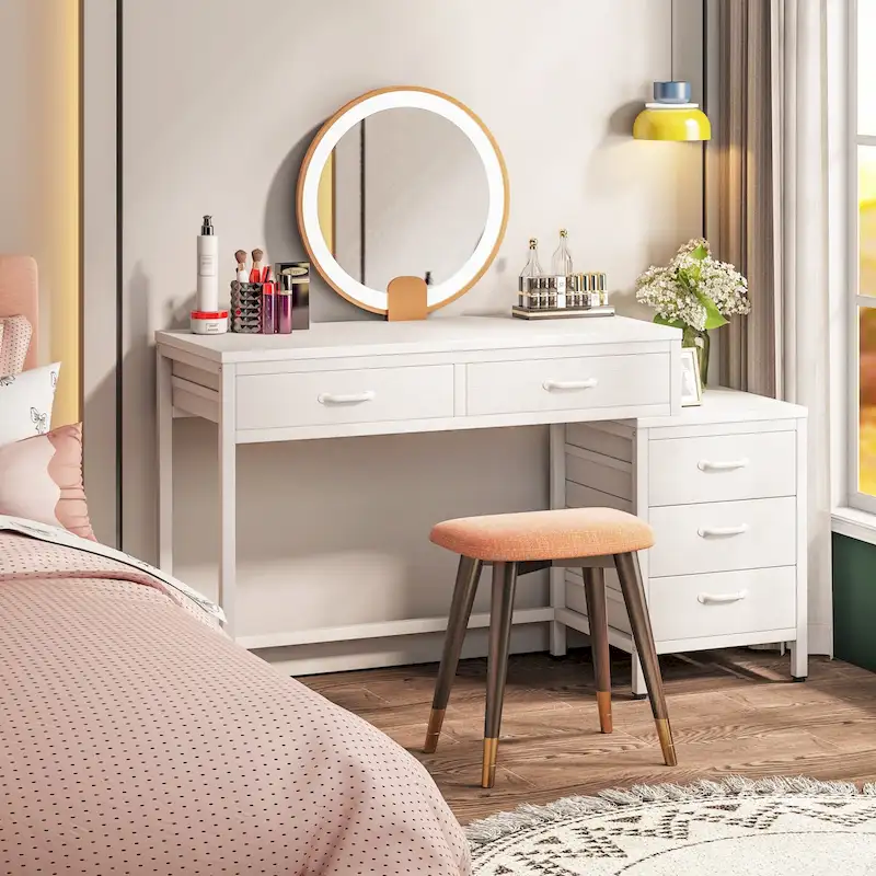 Reversible Computer Desk with 5 Drawers, Home Office Desk with File Cabinet Drawer Printer Stand