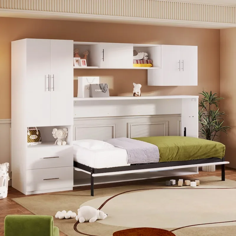 White Twin Murphy Wall Bed with Wardrobe, Shelves & Built-in Desk (1-Person)