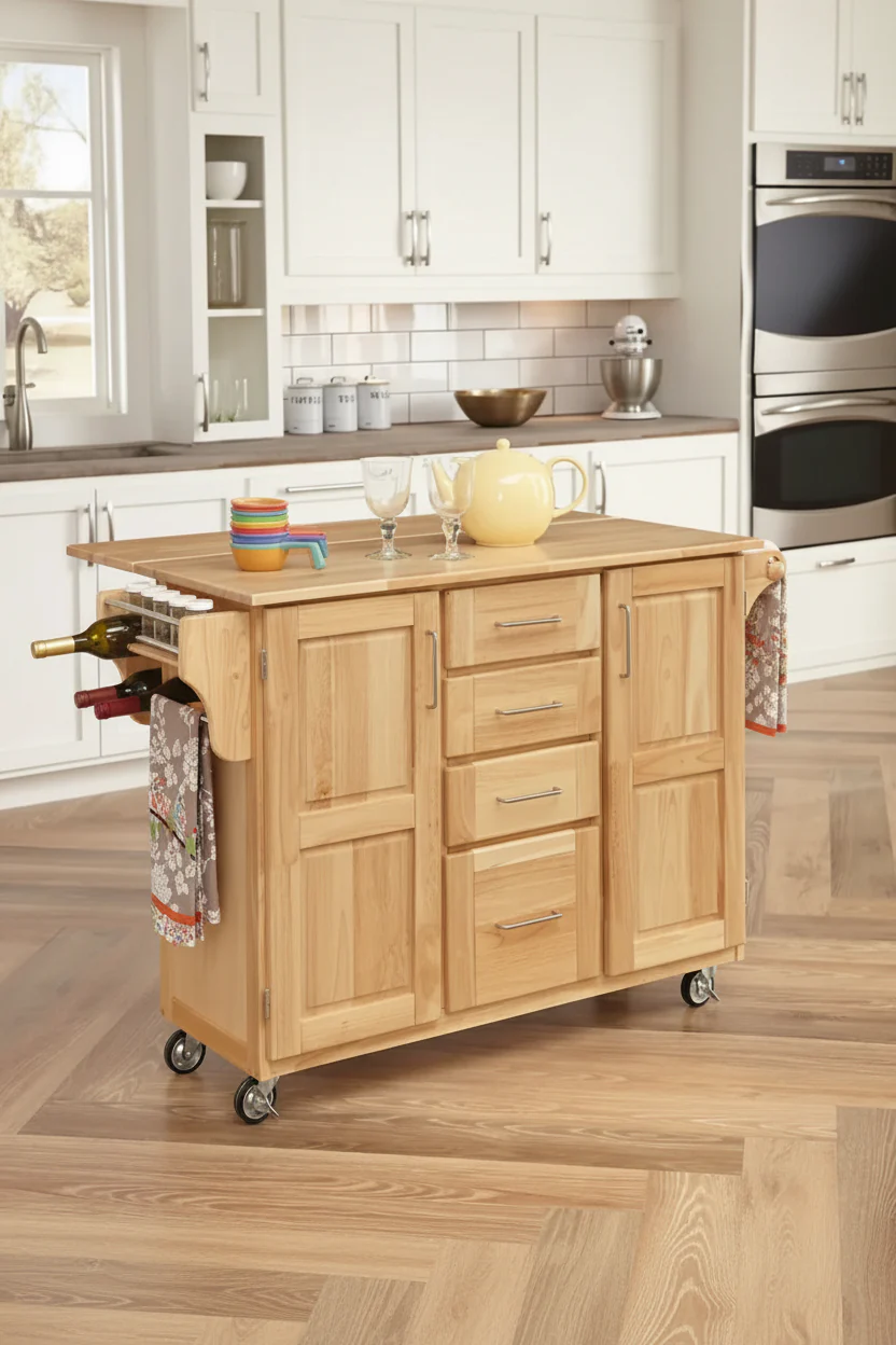 Wooden Kitchen Cart with Drop Leaf and Storage