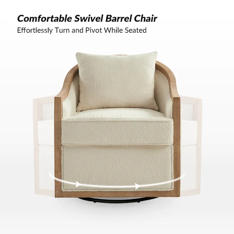 Oswald Jess Farmhouse Solid Wood Edging Swivel Barrel Chair with Toss Pillows by HULALA HOME