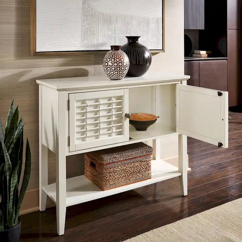 White 2-Door Console Table with Wicker Lattice Doors, Coastal Farmhouse, 42x15x36 in