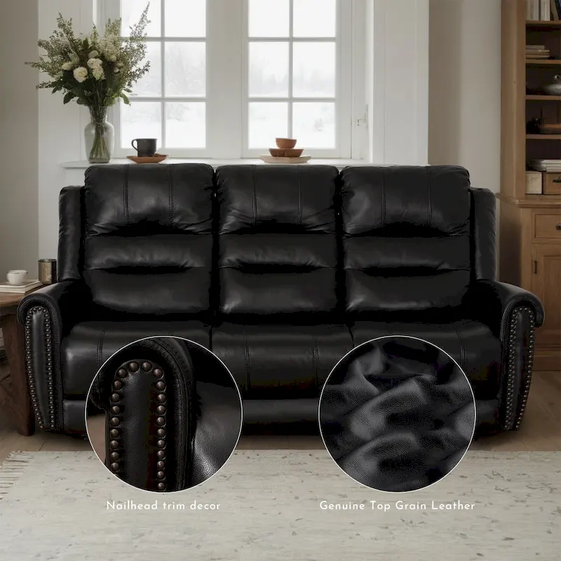 Genuine Leather Black Power Recliner Sofa, Loveseat, Recliner With Adjustable Headrest and Extendable Footrest