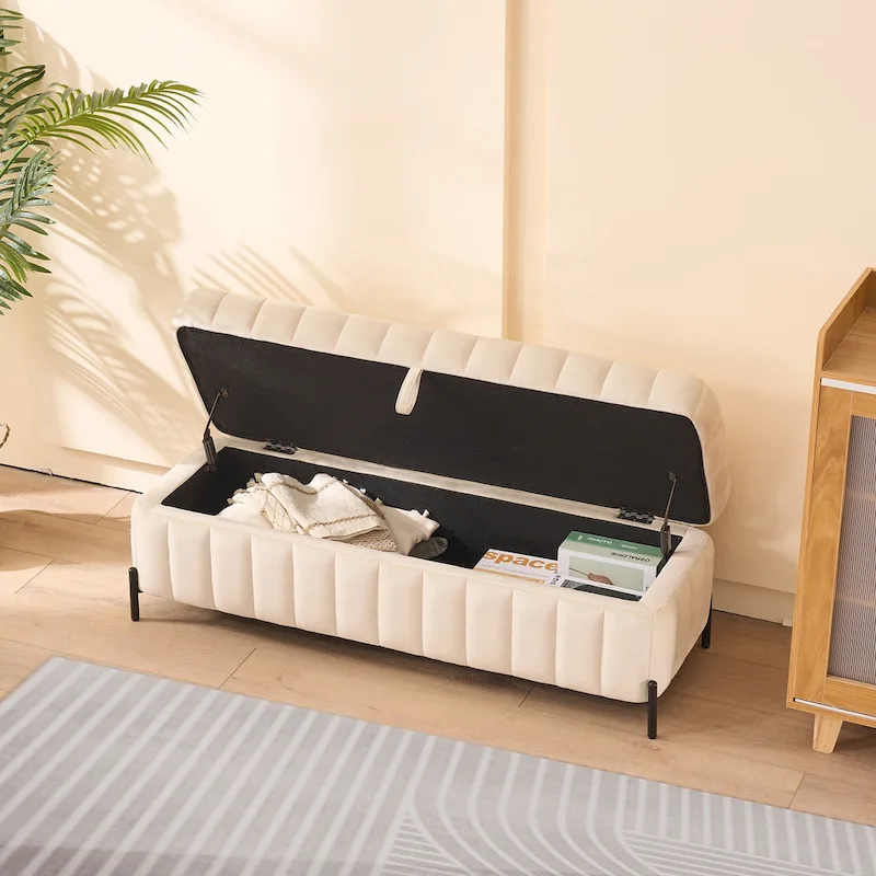 Green / Black / Navy / Beige Velvet Storage Bench with Metal Legs, 1-Person Assembly