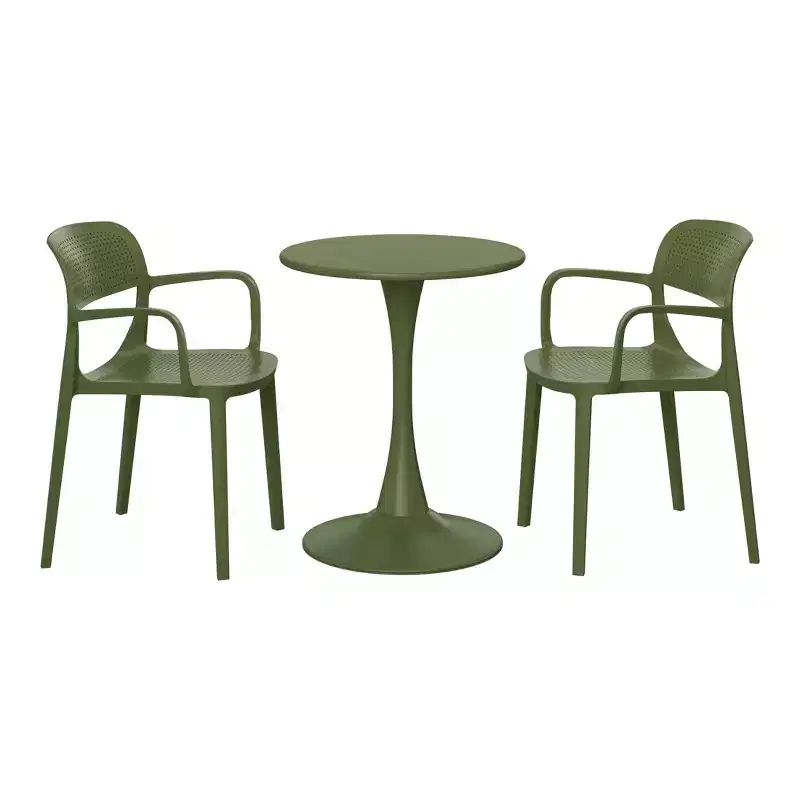 WestinTrends Playa 3-Piece Round Metal Bistro Dining Table Set And Stackable Resin Patio Dining Arm Chairs