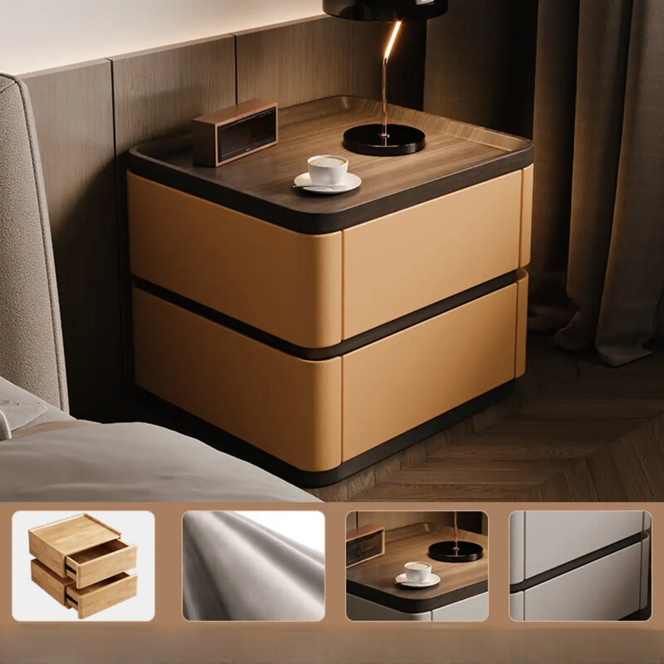 Wooden Overbed 2 Drawers Nightstand with Grooved Top