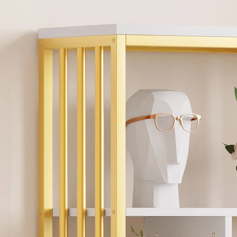 White and Gold 8-Shelf Bookcase with Cabinet and Drawers