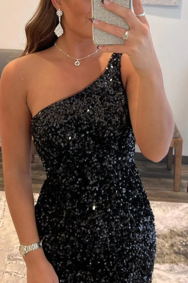 Black Tight Sequins One Shoulder Mini Party Dresses