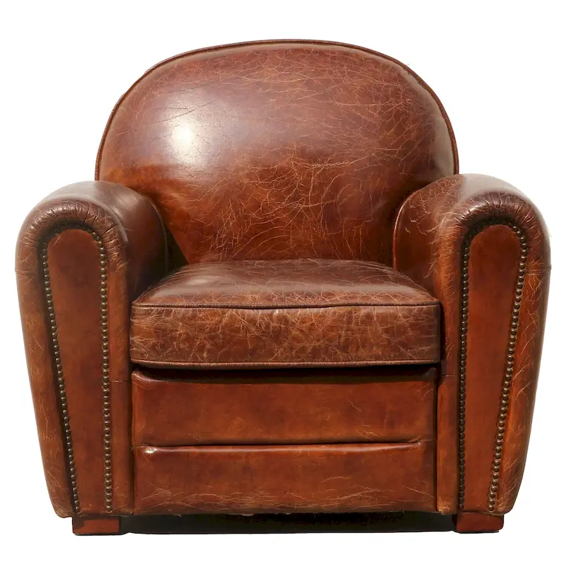 Genuine Brown Leather Club Chair with Nail Head Trim & Wood Frame