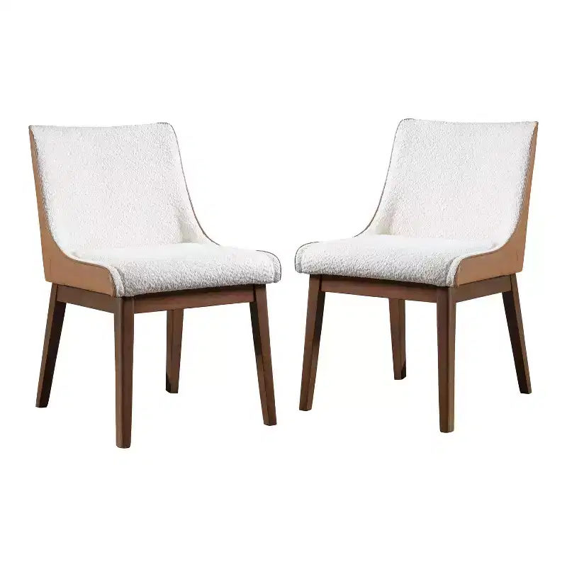 HOMES: Inside + Out Set of 2 Forest Wisp Mid-Century Boucle Dining Chairs with Leatherette Accents Walnut