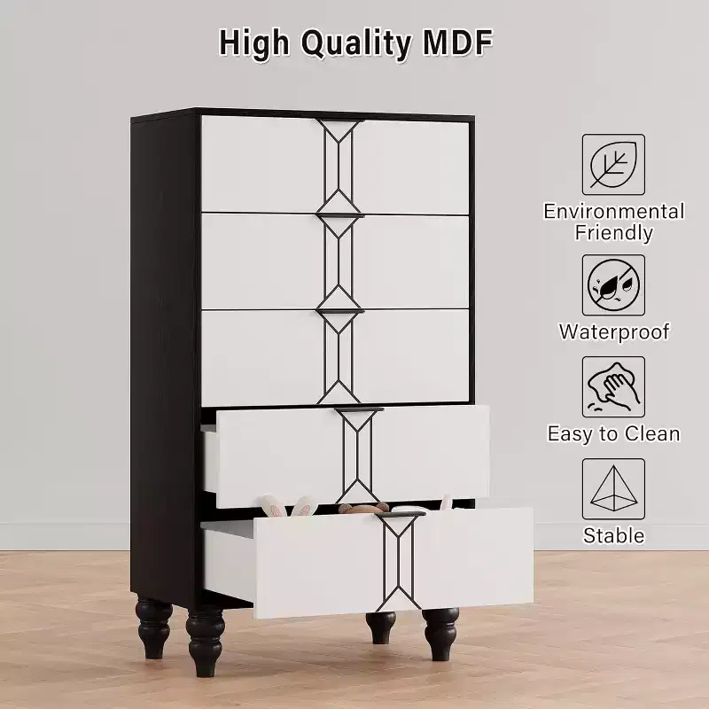 Tall Wooden 5 Drawer Dresser with Vintage Pattern Design, Modern Chest Dresser with Deep Drawers for Bedroom, Living Room, Entryway