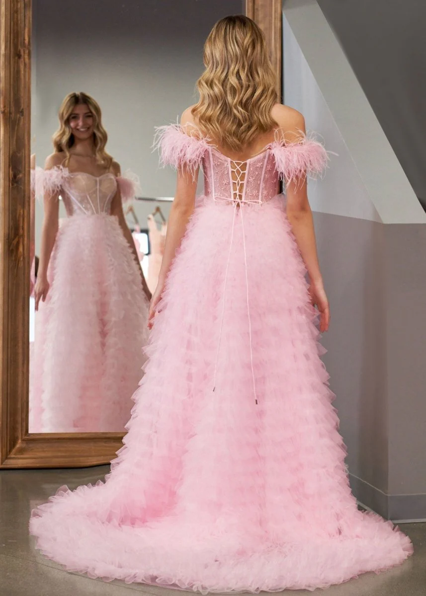 A Line Sweetheart Tiered Tulle Long Prom Dress With Slit
